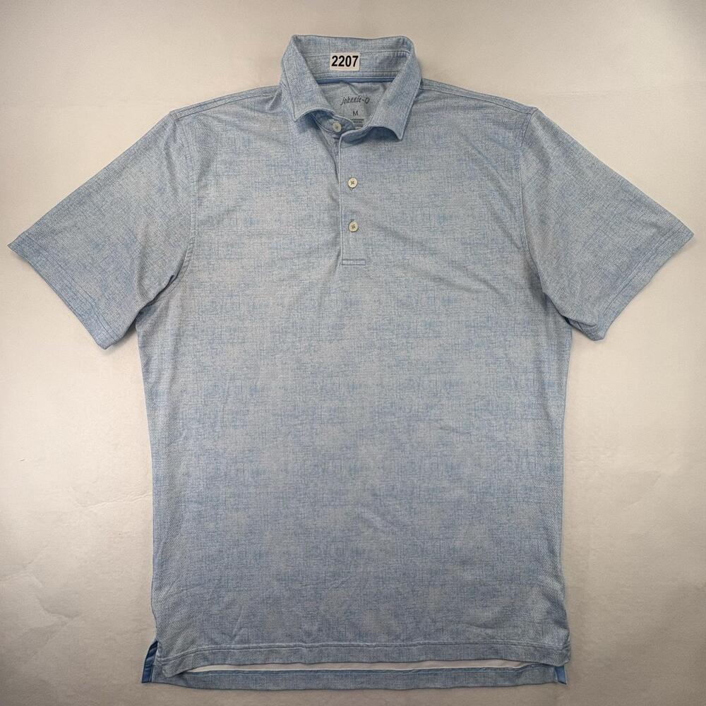 Johnnie-O Gibson Polo Shirt Mens Medium Blue Geometric Golf Stretch UPF 50